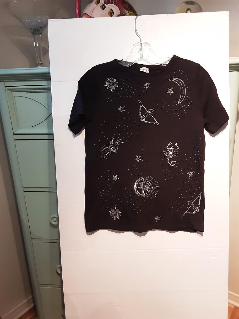 Black Embellished Celestial Short Sleeve Top